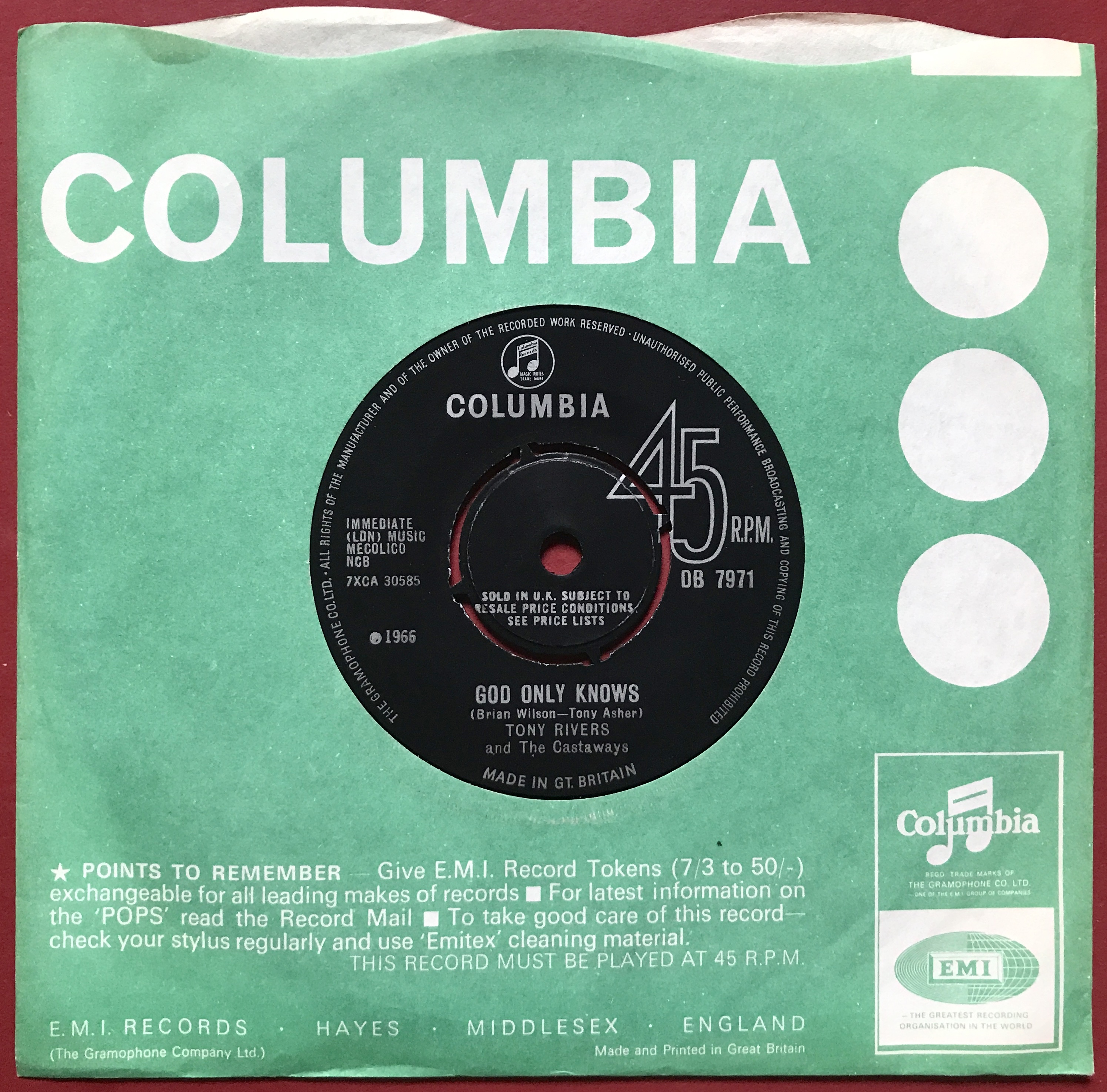 Nostalgipalatset TONY RIVERS God only knows UK 45 1966